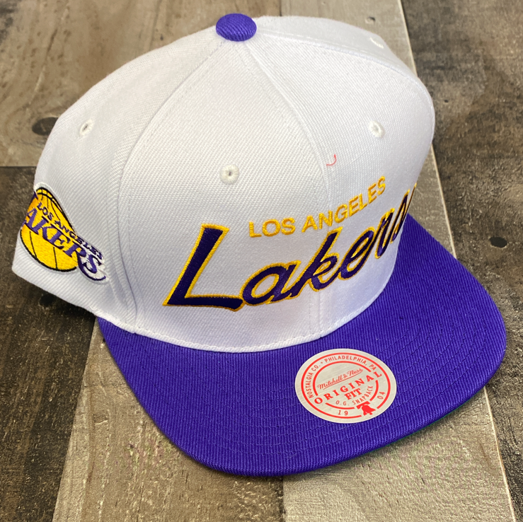 Mitchell & Ness- nba heritage script white snapback Lakers