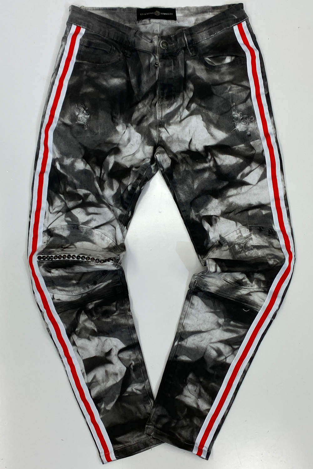 Rawyalty- denim tie dye grey red/white tape jeans